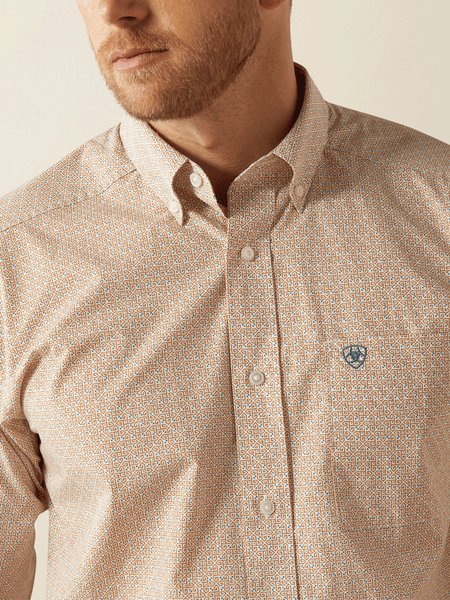 Ariat 10054699 Mens Johnny Classic Fit Shirt Tan front close up. If you need any assistance with this item or the purchase of this item please call us at five six one seven four eight eight eight zero one Monday through Saturday 10:00a.m EST to 8:00 p.m EST