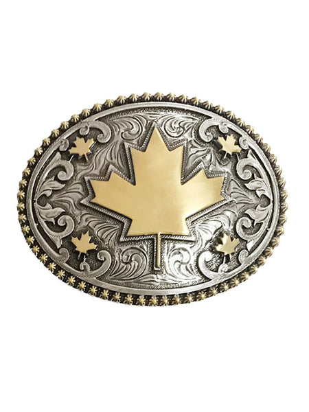 AndWest 730 Canada Classic Maple Leaf Buckle Antique Gold And Silver front view. If you need any assistance with this item or the purchase of this item please call us at five six one seven four eight eight eight zero one Monday through Saturday 10:00a.m EST to 8:00 p.m EST