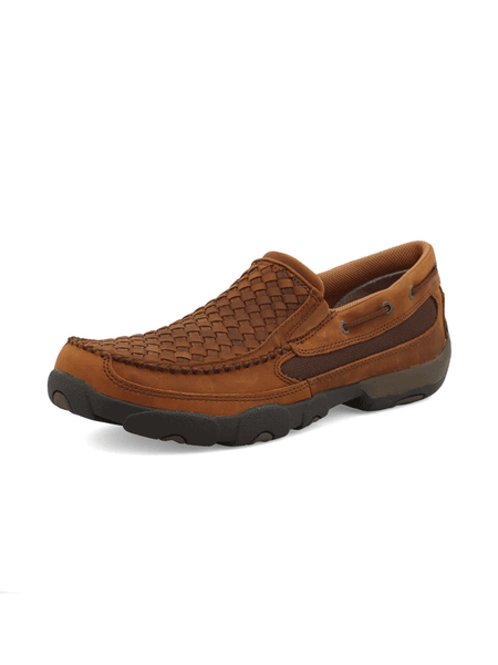 Twisted X MDMS017 Mens Slip On Driving Moc Oiled Saddle And Brown front and side view. If you need any assistance with this item or the purchase of this item please call us at five six one seven four eight eight eight zero one Monday through Saturday 10:00a.m EST to 8:00 p.m EST