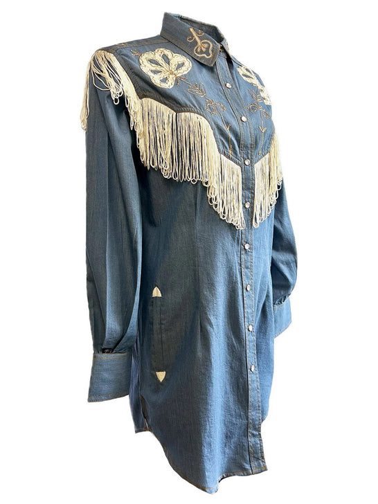 Rockmount 77239-DEN Womens Vintage Fringe Embroidered Western Dress Light Blue side view. If you need any assistance with this item or the purchase of this item please call us at five six one seven four eight eight eight zero one Monday through Saturday 10:00a.m EST to 8:00 p.m EST