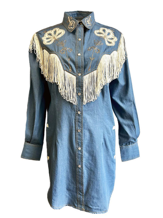 Rockmount 77239-DEN Womens Vintage Fringe Embroidered Western Dress Light Blue front view.If you need any assistance with this item or the purchase of this item please call us at five six one seven four eight eight eight zero one Monday through Saturday 10:00a.m EST to 8:00 p.m EST