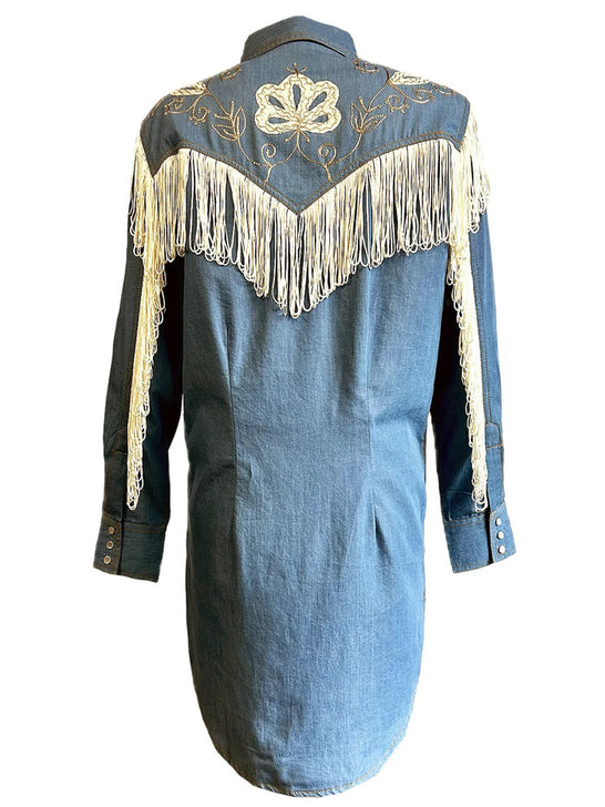 Rockmount 77239-DEN Womens Vintage Fringe Embroidered Western Dress Light Blue back view.If you need any assistance with this item or the purchase of this item please call us at five six one seven four eight eight eight zero one Monday through Saturday 10:00a.m EST to 8:00 p.m EST