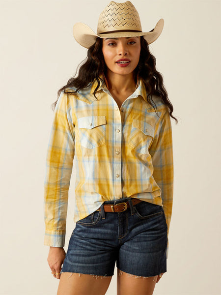 Ariat 10054776 Womens Daisy Snap Shirt Honeybee Plaid Yellow front view. If you need any assistance with this item or the purchase of this item please call us at five six one seven four eight eight eight zero one Monday through Saturday 10:00a.m EST to 8:00 p.m EST