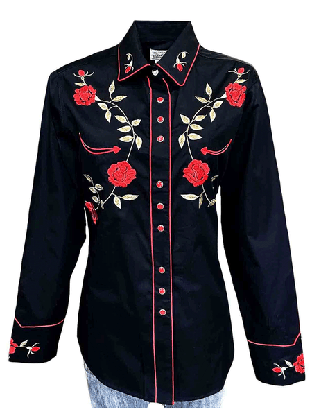 Rockmount 7844-BLK Womens Vintage Rose Embroidered Western Shirt Black front view. If you need any assistance with this item or the purchase of this item please call us at five six one seven four eight eight eight zero one Monday through Saturday 10:00a.m EST to 8:00 p.m EST