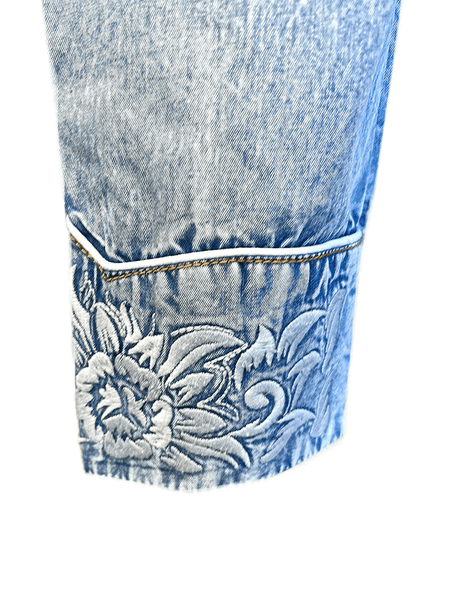 Rockmount 7859-DBLU Womens Vintage Tooling Embroidered Western Shirt Denim Blue cuff close up. If you need any assistance with this item or the purchase of this item please call us at five six one seven four eight eight eight zero one Monday through Saturday 10:00a.m EST to 8:00 p.m EST