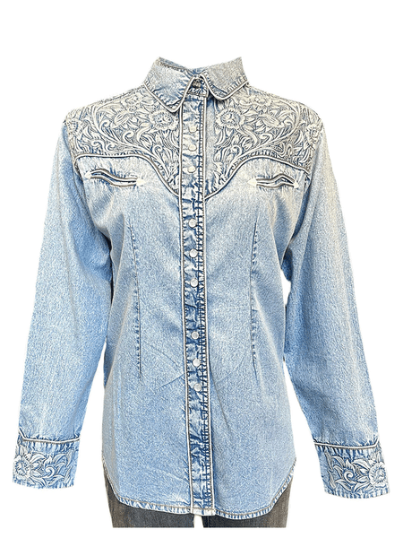 Rockmount 7859-DBLU Womens Vintage Tooling Embroidered Western Shirt Denim Blue front view.If you need any assistance with this item or the purchase of this item please call us at five six one seven four eight eight eight zero one Monday through Saturday 10:00a.m EST to 8:00 p.m EST