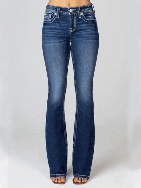 Miss Me M9201B Womens Longhorn Mid Rise Boot Jean Dark Blue front view. If you need any assistance with this item or the purchase of this item please call us at five six one seven four eight eight eight zero one Monday through Saturday 10:00a.m EST to 8:00 p.m EST