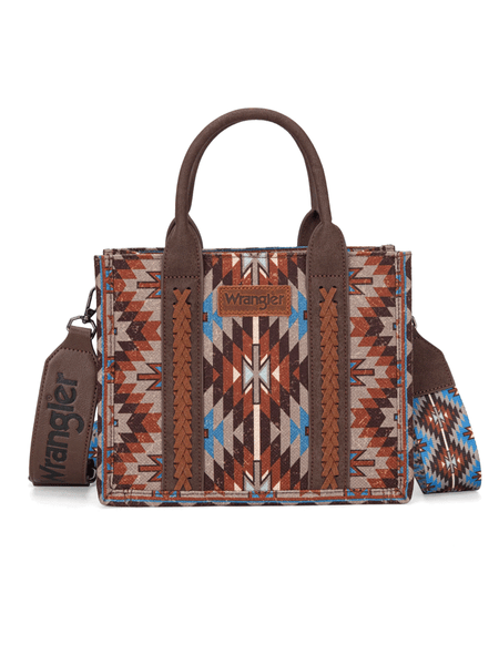 Wrangler WG2213-8120SCF Womens Southwestern Pattern Dual Sided Print Tote Crossbody Bag Coffee front view. If you need any assistance with this item or the purchase of this item please call us at five six one seven four eight eight eight zero one Monday through Saturday 10:00a.m EST to 8:00 p.m EST