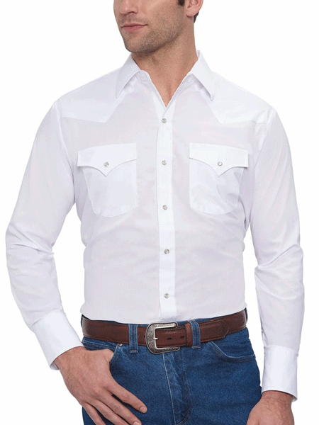 Ely Cattleman 15201905-01 Mens Long Sleeve Solid Western Shirt White front view tucked in. If you need any assistance with this item or the purchase of this item please call us at five six one seven four eight eight eight zero one Monday through Saturday 10:00a.m EST to 8:00 p.m EST