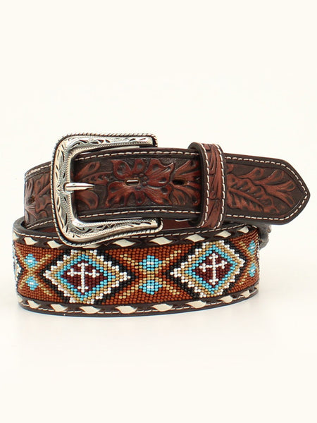 Nocona N210005532 Floral Tooled Beaded Buck Lacing Belt Brown front view. If you need any assistance with this item or the purchase of this item please call us at five six one seven four eight eight eight zero one Monday through Saturday 10:00a.m EST to 8:00 p.m EST
