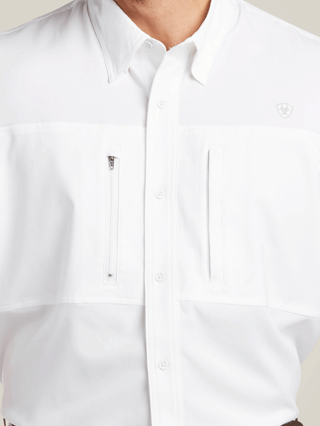 Ariat 10034962 Mens VentTEK Classic Fit Shirt White close up view of front. If you need any assistance with this item or the purchase of this item please call us at five six one seven four eight eight eight zero one Monday through Saturday 10:00a.m EST to 8:00 p.m EST