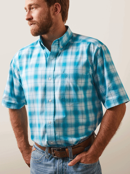 Ariat 10043862 Mens Pro Series Khari Classic Fit Short Sleeve Shirt Enamel Blue front view. If you need any assistance with this item or the purchase of this item please call us at five six one seven four eight eight eight zero one Monday through Saturday 10:00a.m EST to 8:00 p.m EST