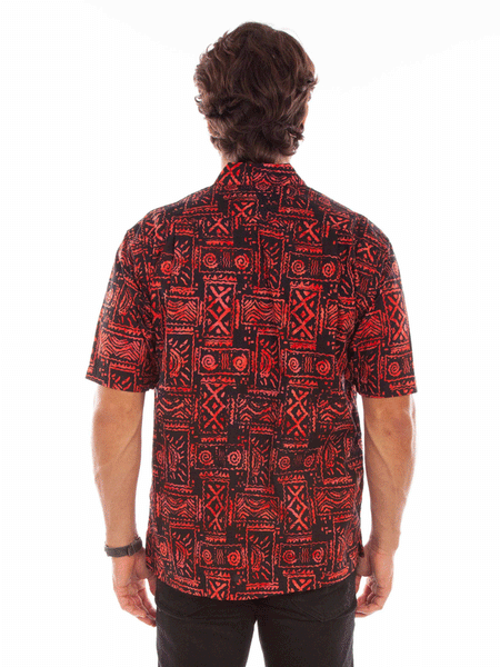 Scully 5348-RED Mens Batik Tribal Pattern Short Sleeve Shirt Red back view. If you need any assistance with this item or the purchase of this item please call us at five six one seven four eight eight eight zero one Monday through Saturday 10:00a.m EST to 8:00 p.m EST