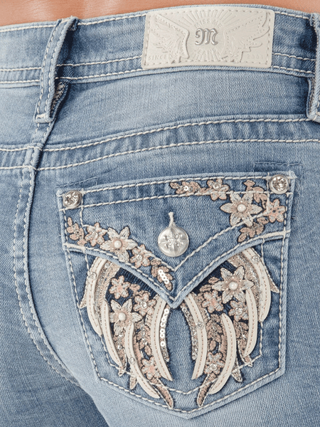 Miss Me M5082B192L Womens Mid Rise Bootcut Jeans Light Wash back close up. If you need any assistance with this item or the purchase of this item please call us at five six one seven four eight eight eight zero one Monday through Saturday 10:00a.m EST to 8:00 p.m EST