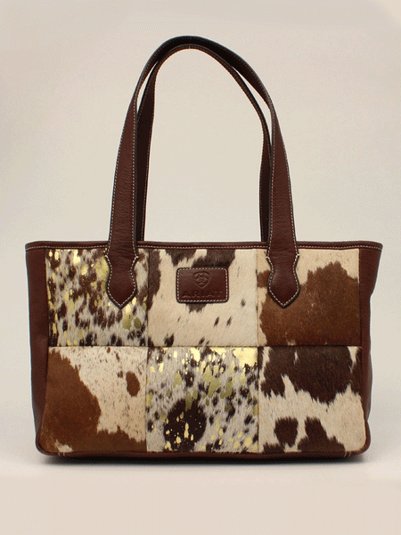 Ariat A770008002 Womens Calf Hair Patchwork Savannah Collection Tote Brown front view. If you need any assistance with this item or the purchase of this item please call us at five six one seven four eight eight eight zero one Monday through Saturday 10:00a.m EST to 8:00 p.m EST