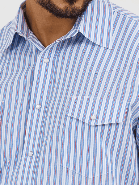 Wrangler 112365848 Mens Wrinkle Resist Long Sleeve Snap Stripe Shirt Bold Blues front close up. If you need any assistance with this item or the purchase of this item please call us at five six one seven four eight eight eight zero one Monday through Saturday 10:00a.m EST to 8:00 p.m EST