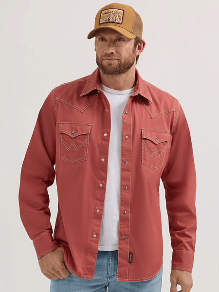 Wrangler 112365614 Mens Retro Premium Long Sleeve Shirt Sunset Rust front view. If you need any assistance with this item or the purchase of this item please call us at five six one seven four eight eight eight zero one Monday through Saturday 10:00a.m EST to 8:00 p.m EST