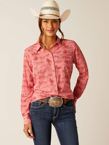 Ariat 10048862 Womens VentTEK Stretch Shirt Faded Rose Toile front view. If you need any assistance with this item or the purchase of this item please call us at five six one seven four eight eight eight zero one Monday through Saturday 10:00a.m EST to 8:00 p.m EST