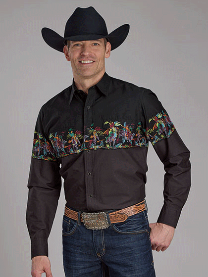 Roper 03-001-0421-0107 Mens Vintage Style Border Print Long Sleeve Shirt Black front. If you need any assistance with this item or the purchase of this item please call us at five six one seven four eight eight eight zero one Monday through Saturday 10:00a.m EST to 8:00 p.m EST