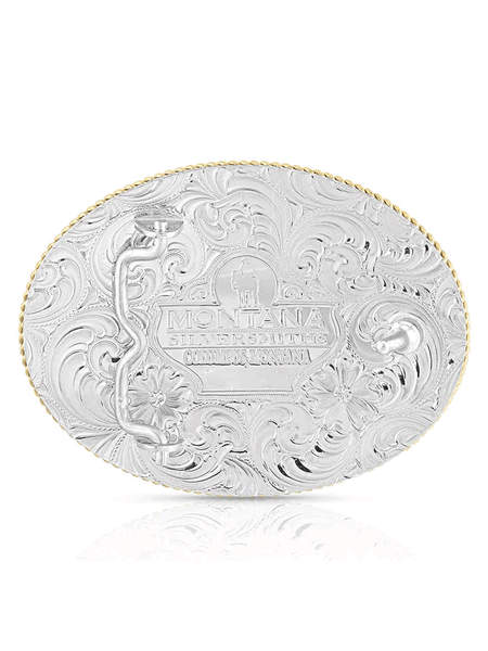 Montana Silversmiths 840F-964BL Bass Gold Trim Western Buckle Silver back view. If you need any assistance with this item or the purchase of this item please call us at five six one seven four eight eight eight zero one Monday through Saturday 10:00a.m EST to 8:00 p.m EST