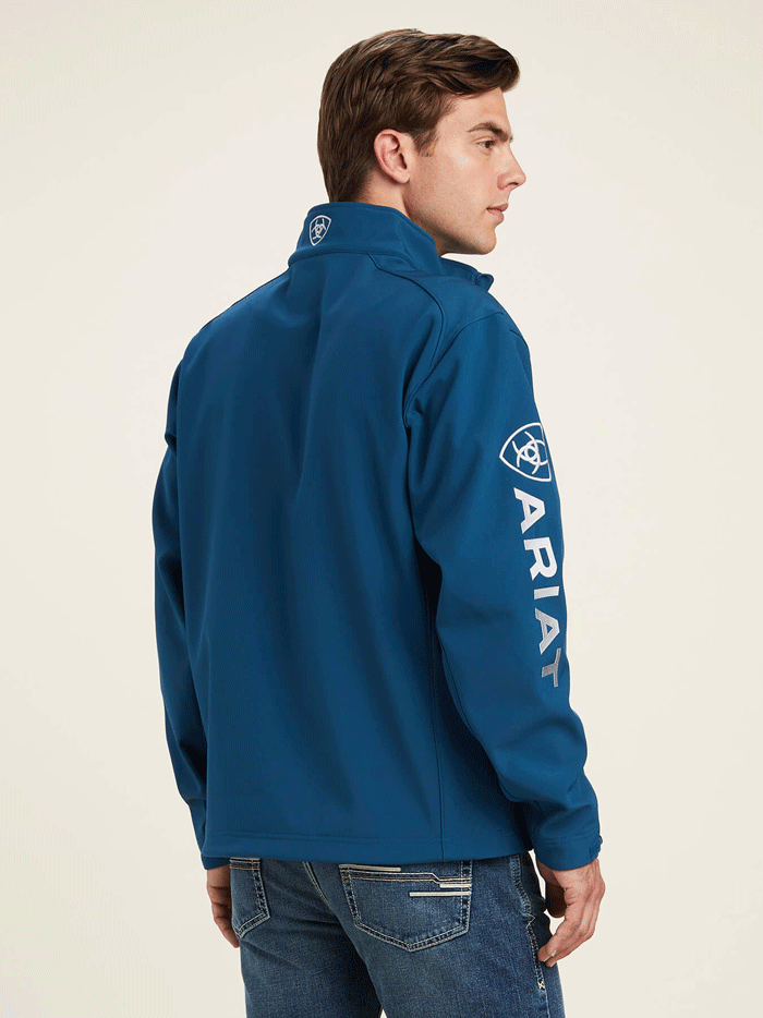 Ariat 10041611 Mens Logo 2.0 Softshell Jacket Majolica Blue front and side view. If you need any assistance with this item or the purchase of this item please call us at five six one seven four eight eight eight zero one Monday through Saturday 10:00a.m EST to 8:00 p.m EST