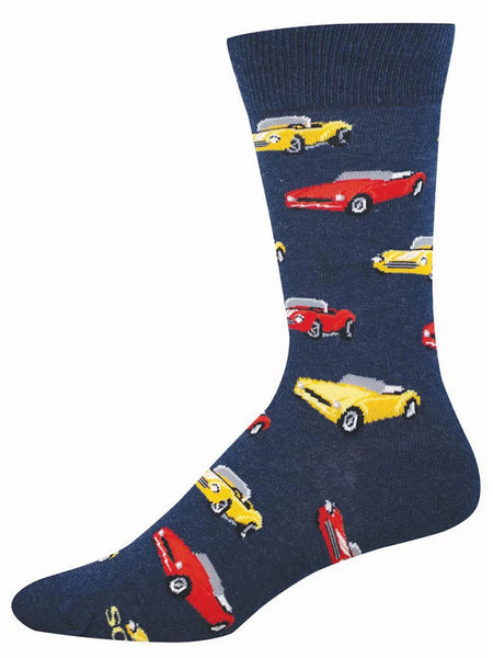 Socksmith MNC3762-HNV Mens Classic Cars Socks Navy Heather side view. If you need any assistance with this item or the purchase of this item please call us at five six one seven four eight eight eight zero one Monday through Saturday 10:00a.m EST to 8:00 p.m EST