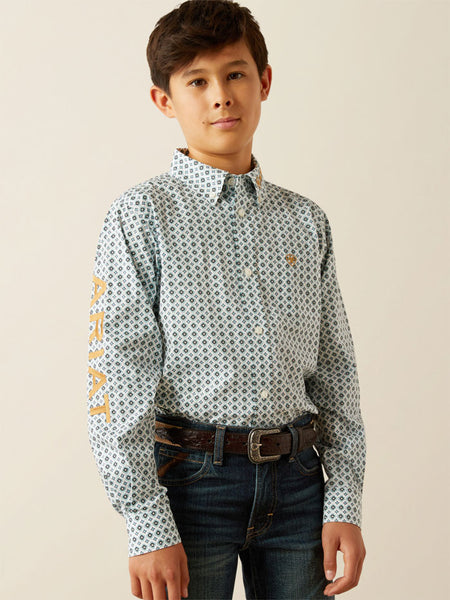 Ariat 10058719 Kids Team Franklin Classic Fit Shirt Brown And Light Blue front view. If you need any assistance with this item or the purchase of this item please call us at five six one seven four eight eight eight zero one Monday through Saturday 10:00a.m EST to 8:00 p.m EST