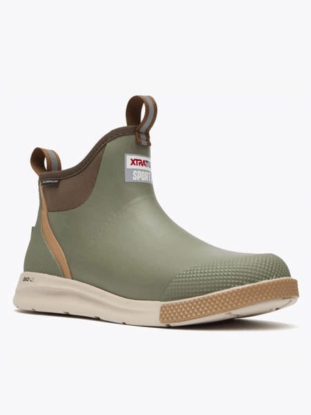 Xtratuf ADSM300 Mens Sport Ankle Deck Boot Olive front and side view. If you need any assistance with this item or the purchase of this item please call us at five six one seven four eight eight eight zero one Monday through Saturday 10:00a.m EST to 8:00 p.m EST