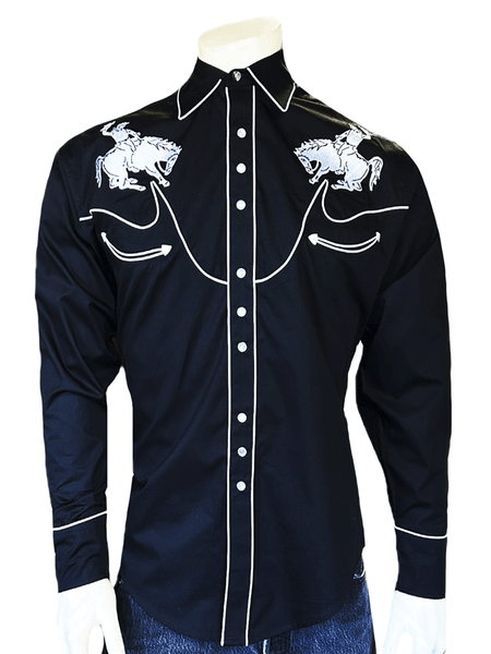 Rockmount 6851-BLK Mens Vintage Bronc Embroidered Western Shirt Black front view. If you need any assistance with this item or the purchase of this item please call us at five six one seven four eight eight eight zero one Monday through Saturday 10:00a.m EST to 8:00 p.m EST