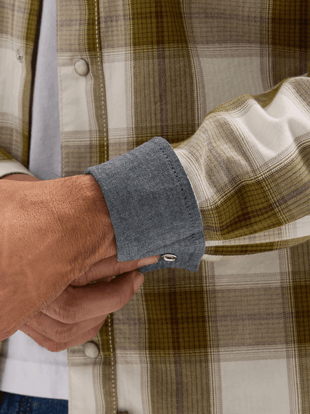 Wrangler 112365631 Mens Retro Premium Long Sleeve Plaid Shirt Olive cuff view. If you need any assistance with this item or the purchase of this item please call us at five six one seven four eight eight eight zero one Monday through Saturday 10:00a.m EST to 8:00 p.m EST