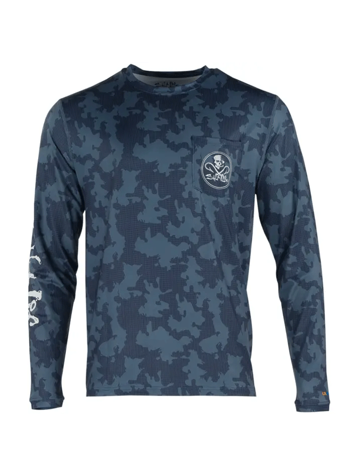 Salt Life SLM6167 Mens CamoX Long Sleeve Performance Pocket Tee Navy back view. If you need any assistance with this item or the purchase of this item please call us at five six one seven four eight eight eight zero one Monday through Saturday 10:00a.m EST to 8:00 p.m EST
