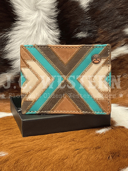 Hooey HFBF007-BRTQ Mens Pocket Bi-Fold Wallet Patchwork Front Turquoise front view. If you need any assistance with this item or the purchase of this item please call us at five six one seven four eight eight eight zero one Monday through Saturday 10:00a.m EST to 8:00 p.m EST