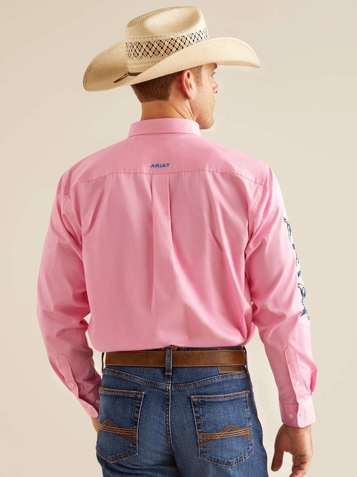 Ariat 10051336 Mens Team Logo Twill Classic Fit Shirt Pink front view. If you need any assistance with this item or the purchase of this item please call us at five six one seven four eight eight eight zero one Monday through Saturday 10:00a.m EST to 8:00 p.m EST