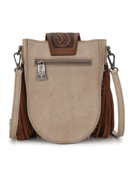 Trinity Ranch TR180-8360TN Womens Genuine Hair On Cowhide Tooled Fringe Crossbody Bag Tan back view. If you need any assistance with this item or the purchase of this item please call us at five six one seven four eight eight eight zero one Monday through Saturday 10:00a.m EST to 8:00 p.m EST