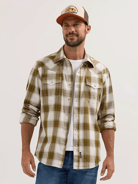 Wrangler 112365631 Mens Retro Premium Long Sleeve Plaid Shirt Olive front view. If you need any assistance with this item or the purchase of this item please call us at five six one seven four eight eight eight zero one Monday through Saturday 10:00a.m EST to 8:00 p.m EST