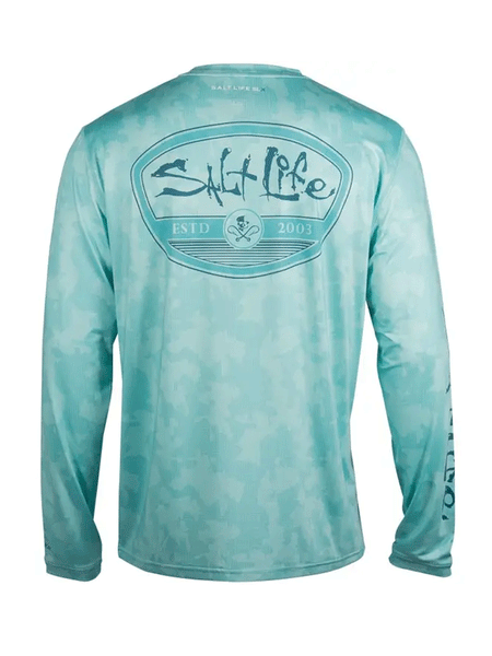 Salt Life SLM6167 Mens CamoX Long Sleeve Performance Pocket Tee Aruba Blue back view. If you need any assistance with this item or the purchase of this item please call us at five six one seven four eight eight eight zero one Monday through Saturday 10:00a.m EST to 8:00 p.m EST