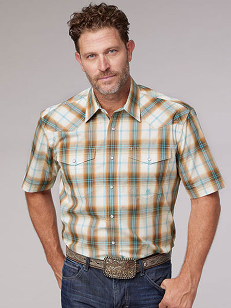 Roper 03-002-0278-4054 Mens Short Sleeve Western Plaid Shirt Orange front view. If you need any assistance with this item or the purchase of this item please call us at five six one seven four eight eight eight zero one Monday through Saturday 10:00a.m EST to 8:00 p.m EST