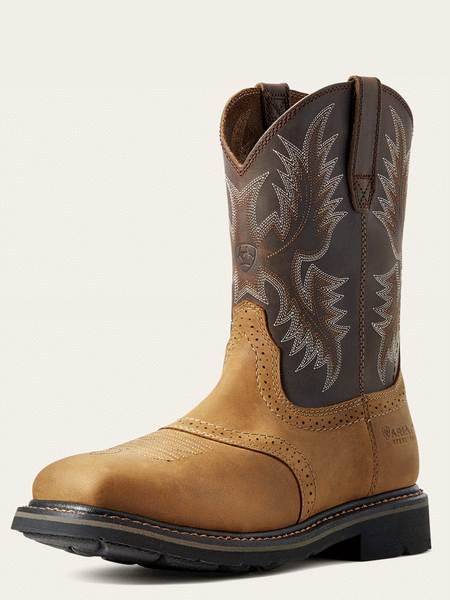 Ariat 10010134 Mens Sierra Wide Square Toe Steel Toe Work Boot Aged Bark Tan front and side view. If you need any assistance with this item or the purchase of this item please call us at five six one seven four eight eight eight zero one Monday through Saturday 10:00a.m EST to 8:00 p.m EST