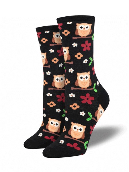 Socksmith WNC3082-BLK Womens Night Owl Socks Black front and side view of pair. If you need any assistance with this item or the purchase of this item please call us at five six one seven four eight eight eight zero one Monday through Saturday 10:00a.m EST to 8:00 p.m EST