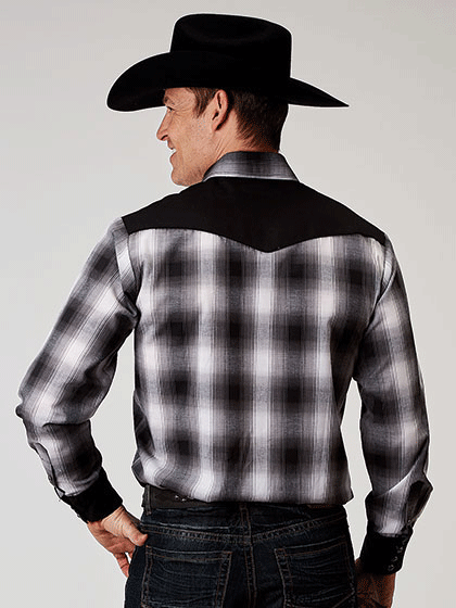 Roper 01-001-0087-3005 Mens Long Sleeve Western Plaid Shirt Black back view. If you need any assistance with this item or the purchase of this item please call us at five six one seven four eight eight eight zero one Monday through Saturday 10:00a.m EST to 8:00 p.m EST