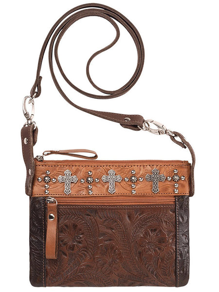 American West 9385884 Ladies Frontier Cross Trail Rider Crossbody Leather Bag Bark front view. If you need any assistance with this item or the purchase of this item please call us at five six one seven four eight eight eight zero one Monday through Saturday 10:00a.m EST to 8:00 p.m EST
