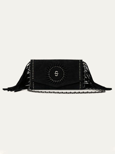 Stetson 9513000-001 Womens Spiral Suede Fringed Clutch Black front view. If you need any assistance with this item or the purchase of this item please call us at five six one seven four eight eight eight zero one Monday through Saturday 10:00a.m EST to 8:00 p.m EST