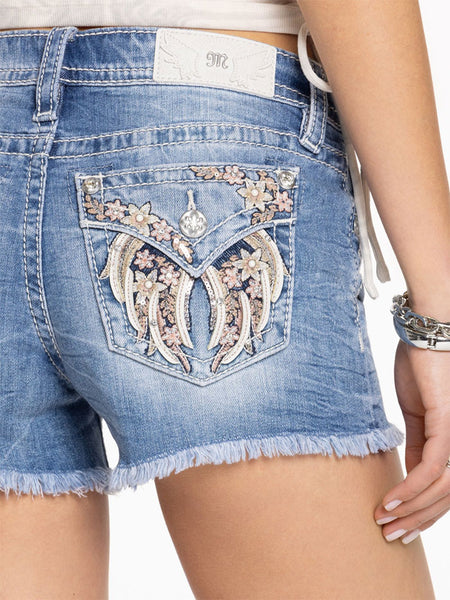 Miss Me M5082H192 Womens Aleah Floral Wing Denim Shorts Light Wash back close up. If you need any assistance with this item or the purchase of this item please call us at five six one seven four eight eight eight zero one Monday through Saturday 10:00a.m EST to 8:00 p.m EST