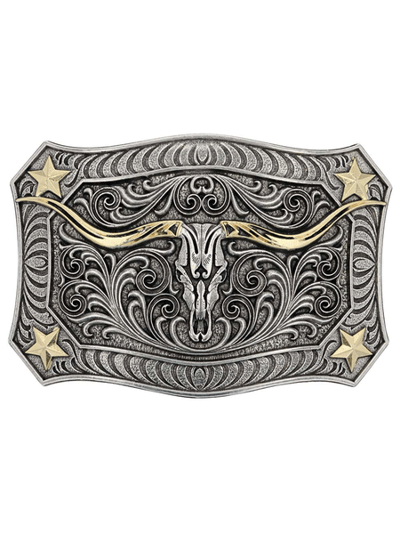 Montana Silversmiths A935 Longhorn Crest Filigree Attitude Belt Buckle Silver front view. If you need any assistance with this item or the purchase of this item please call us at five six one seven four eight eight eight zero one Monday through Saturday 10:00a.m EST to 8:00 p.m EST
