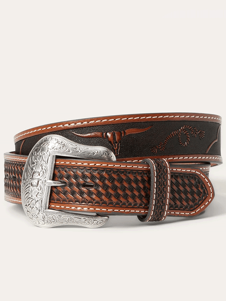 Stetson 9908500 Mens Western Icons Tooled Belt Cognac front view. If you need any assistance with this item or the purchase of this item please call us at five six one seven four eight eight eight zero one Monday through Saturday 10:00a.m EST to 8:00 p.m EST