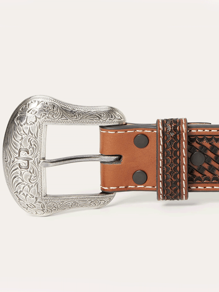 Stetson 9908500 Mens Western Icons Tooled Belt Cognac buckle view. If you need any assistance with this item or the purchase of this item please call us at five six one seven four eight eight eight zero one Monday through Saturday 10:00a.m EST to 8:00 p.m EST