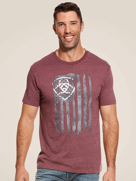 Ariat 10029003 Mens Vertical Flag T-Shirt Burgundy Heather front view. If you need any assistance with this item or the purchase of this item please call us at five six one seven four eight eight eight zero one Monday through Saturday 10:00a.m EST to 8:00 p.m EST