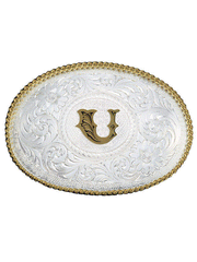 Montana Silversmiths 700 Initial Silver Engraved Gold Trim Western Belt Buckle letter U front view. If you need any assistance with this item or the purchase of this item please call us at five six one seven four eight eight eight zero one Monday through Saturday 10:00a.m EST to 8:00 p.m EST