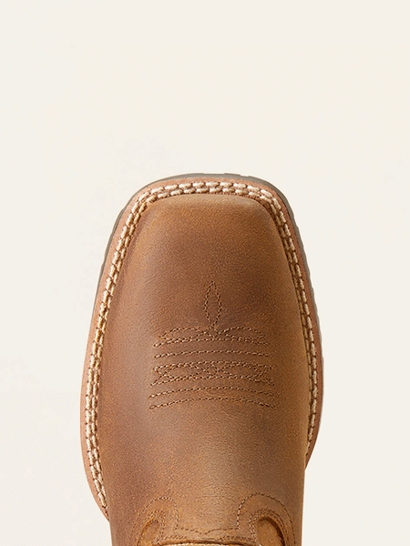 Ariat 10047034 Kids Hybrid Rancher Western Boot Distressed Tan toe view. If you need any assistance with this item or the purchase of this item please call us at five six one seven four eight eight eight zero one Monday through Saturday 10:00a.m EST to 8:00 p.m EST