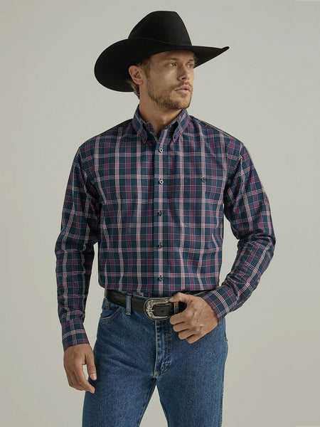 Wrangler 112331817 Mens George Strait Long Sleeve Shirt Navy Fuschia Plaid front view. If you need any assistance with this item or the purchase of this item please call us at five six one seven four eight eight eight zero one Monday through Saturday 10:00a.m EST to 8:00 p.m EST